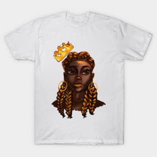 Queen Black is beautiful black woman art with Gold crown, ears and braids, brown eyes and dark brown skin ! T-Shirt